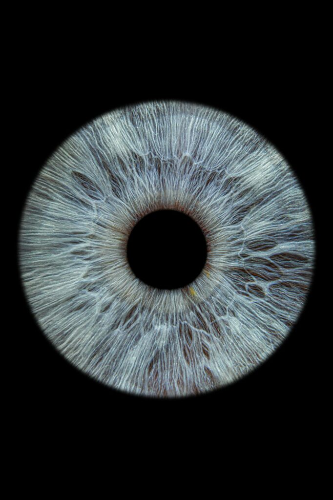 Close-up macro photograph of a human iris and pupil