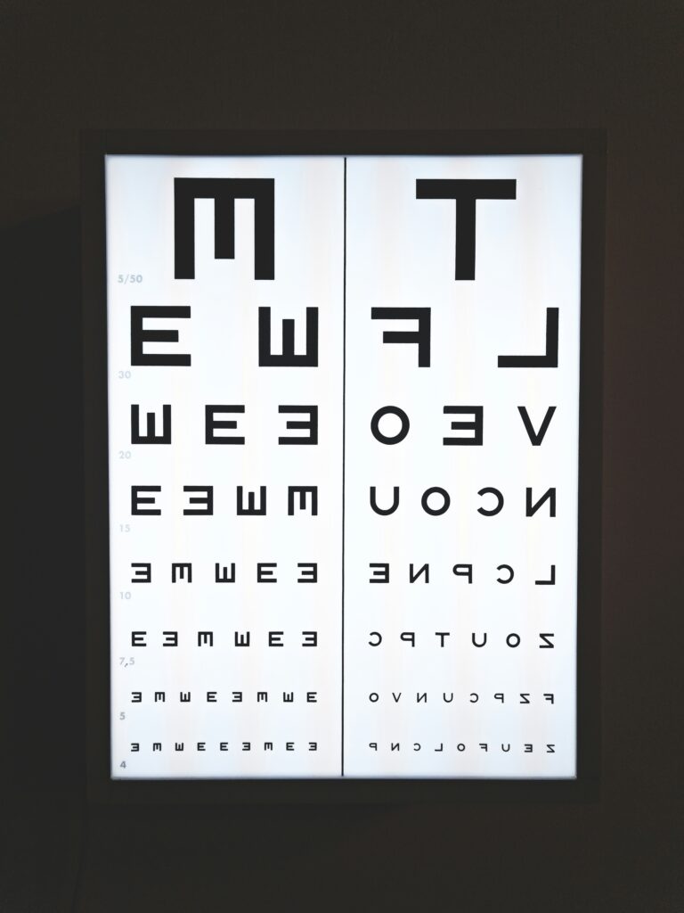Illuminated eye chart used for vision acuity testing during an optometry examination